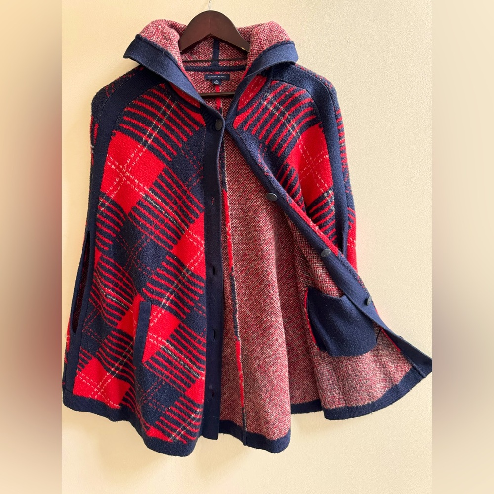 Tommy Hilfiger Helena Plaid Poncho knit Sweater Coat - Button Up w/ Hoodie